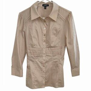 NWT Bebe Beige Button Down Blouse Pleated Waist Long Sleeve Collared Shirt L